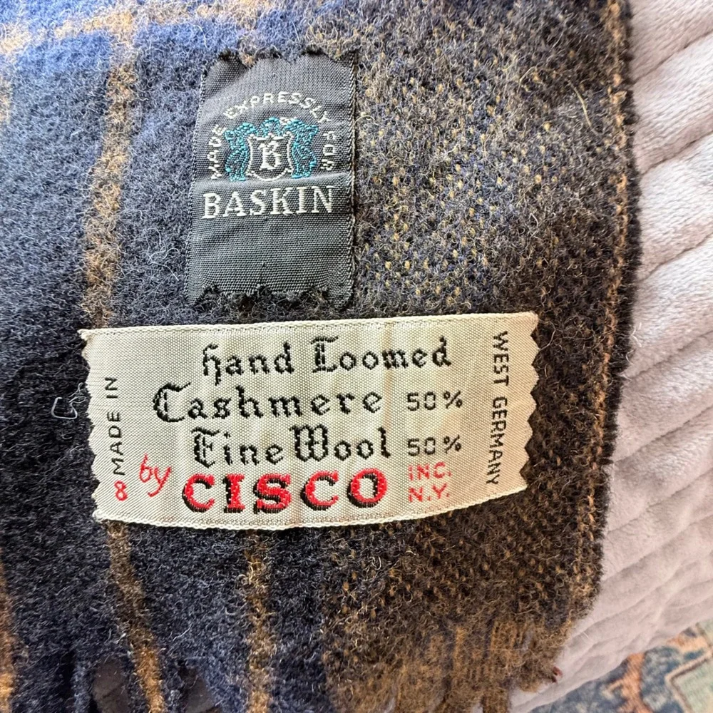 Cisco Baskin Vintage Cashmere Wool Scarf Plaid Hand Loomed West Germany 47x11.25